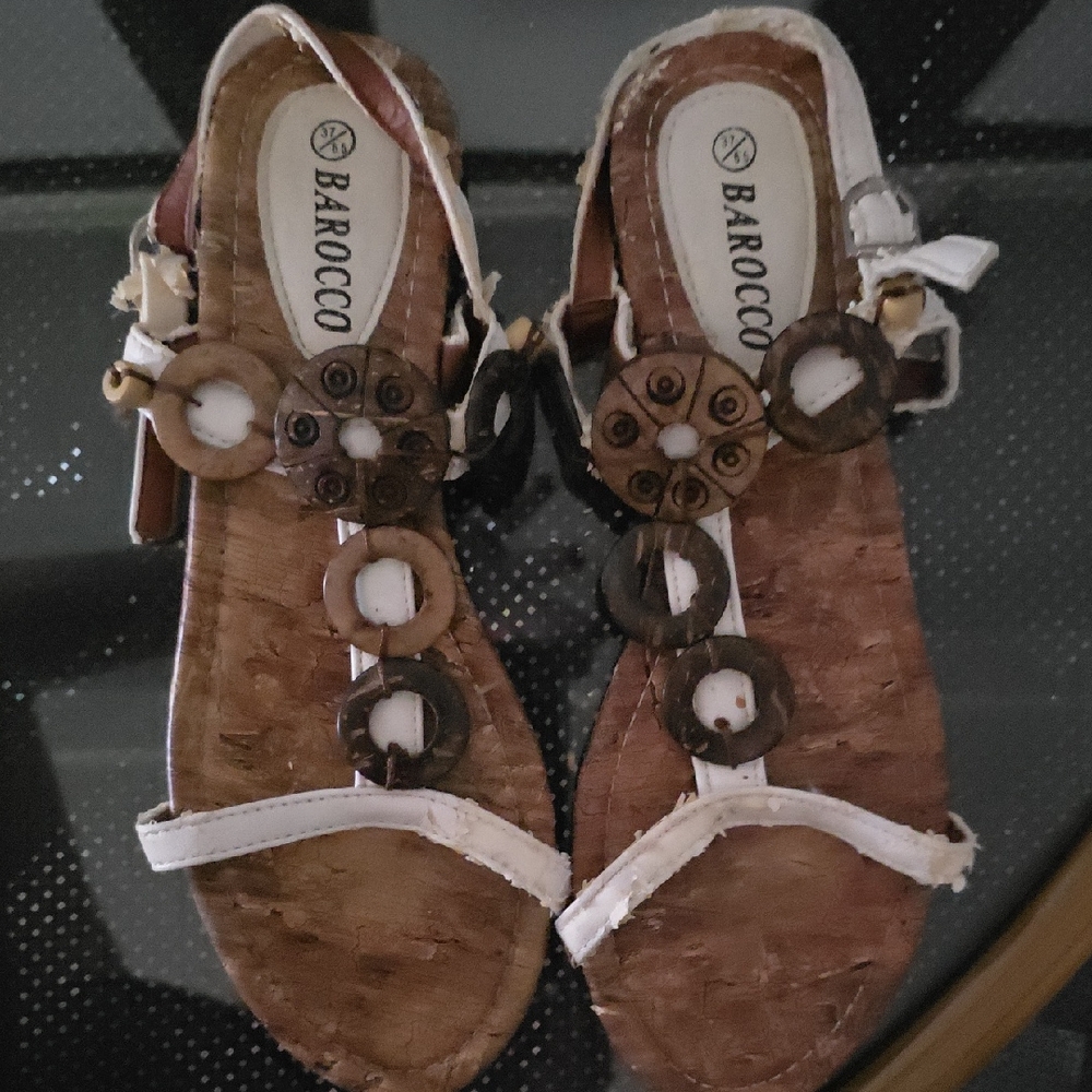 Brown and White Sandals with X-Pattern Straps